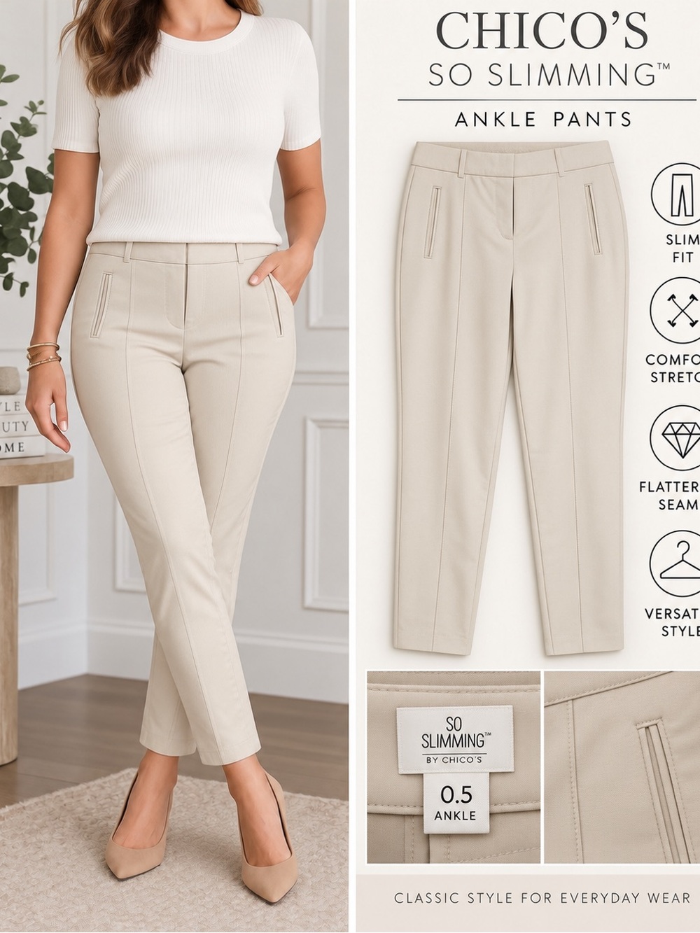 Chico’s So Slimming Pants 0.5 Beige Tan Ankle Stretch Slim Leg Trousers